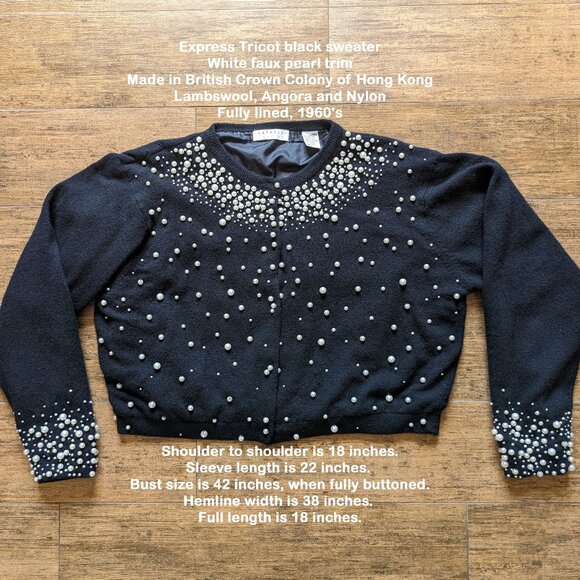Express Tricot black sweater, White pearl trim, British Crown Colony Hong Kong - Picture 1 of 17
